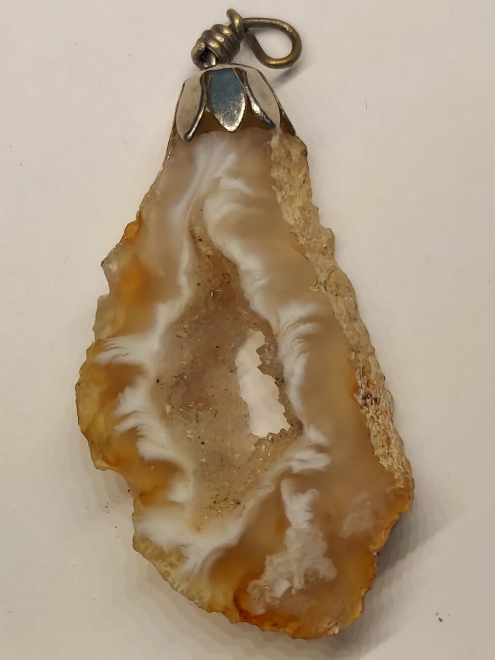 Vintage Natural Agate Geode 2" Pendant - Polished Slice w Quartz Crystal Center